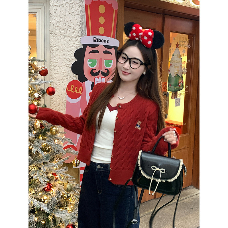 早秋毛衣开衫女2025新款藏蓝色小熊刺绣麻花针织外套韩系穿搭上衣|undefined