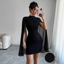 跨境欧美女装亚马逊速卖通圆领坑条雪纺斗篷包臀连衣裙