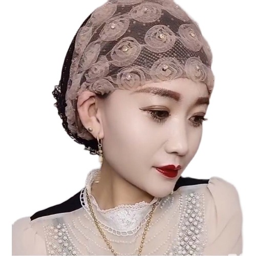 新款简约时尚玫瑰花型蕾丝盘花薄款包头遮白发帽家居帽跨境专