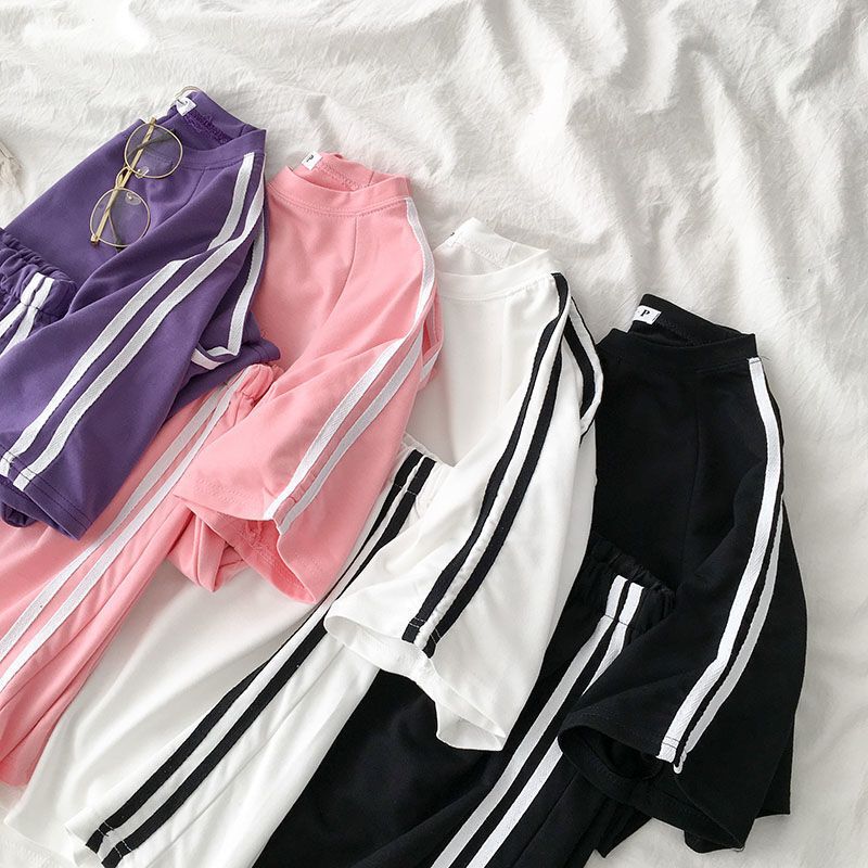 Short-Sleeved Shorts Sports Suit for Women, Summer Korean Style, Loose-Fitting Running Casual Two-Piece Set for Girls and Middle School Students, Women's Sportswear Short-Sleeved Shorts Sports Suit for Women, Summer Korean Style, Loose-Fitting Running Casual Two-Piece Set for Girls and Middle School Students, Women's Sportswear