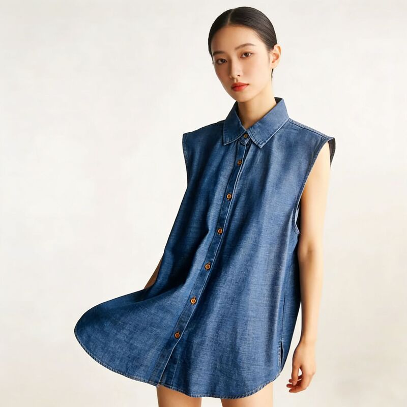 H60 Factory Ready Stock Denim Sleeveless Shirt Layering Essential Loose Fit Shirt Women's Wholesale Customizable