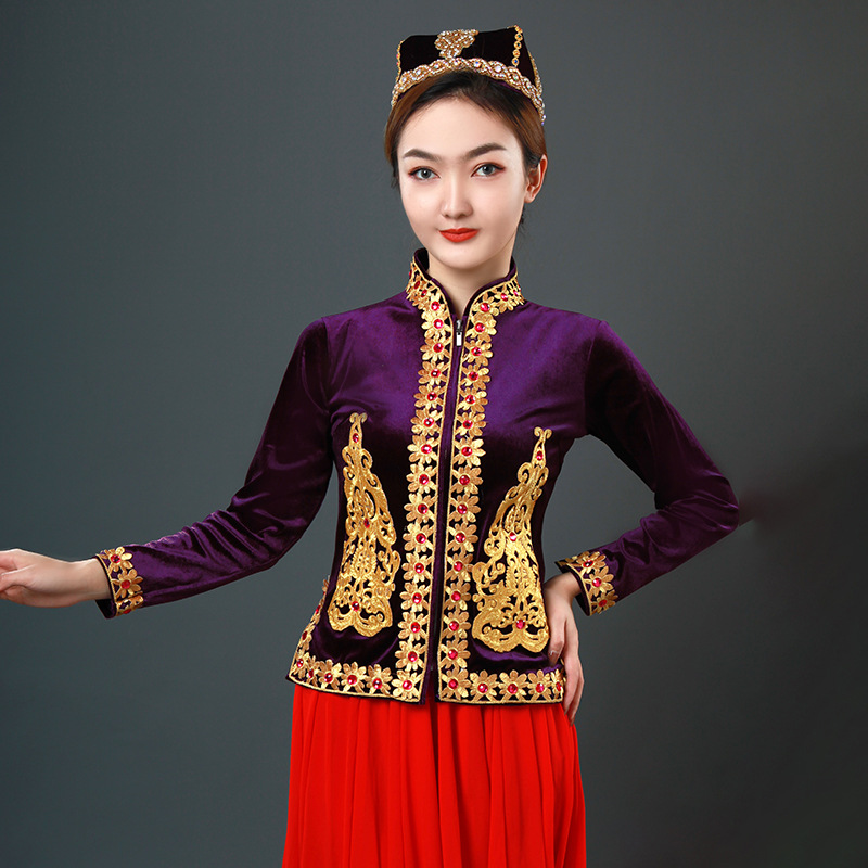 新疆舞服装2022新款上衣维族舞蹈麦西来普民族演出跳舞马甲女长袖