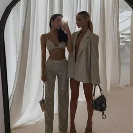 2022秋亚马逊速卖通休闲西服长袖三件套女士分体西装+西裤套装INS