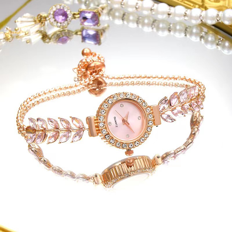 Foreign trade cross-border new green leaf thin with diamond ladies watch colored diamond mermaid free adjustment bracelet watch wholesale