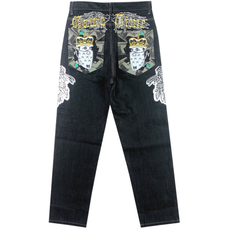 Europa y América de moda los hombres flojos rectos pantalones del monopatín bordado camisa hip hop Denim negro más tamaño