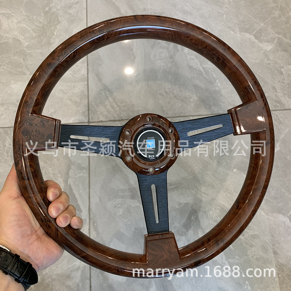 TIYPEOR Car Modification 350MM Wood Grain ABS Steering Wheel Universal Flat Black Frame Steering Wheel