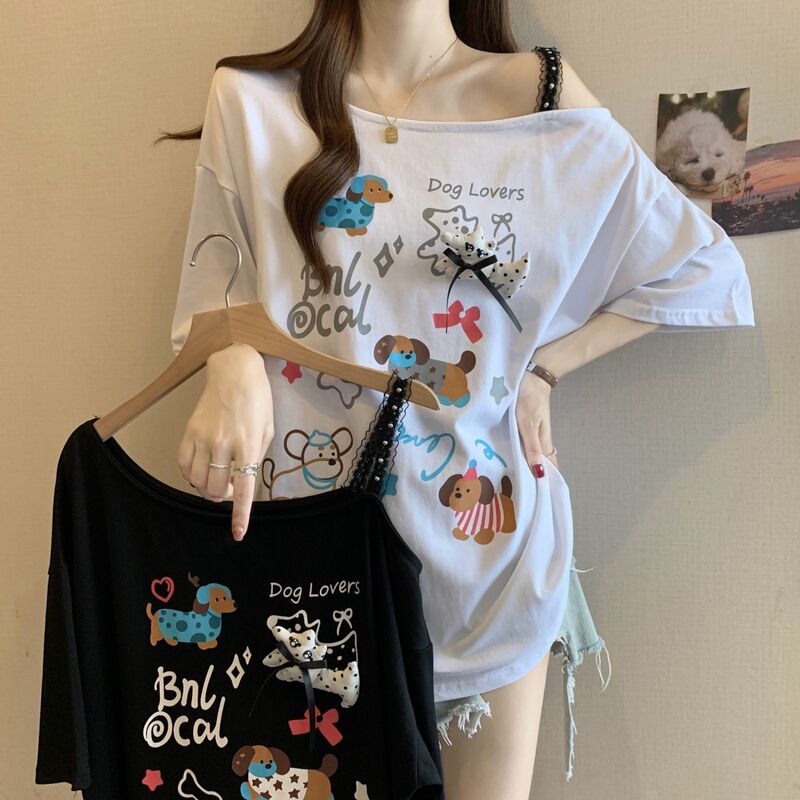 Plus Size Sweet and Spicy Cartoon Puppy Print Short-Sleeved T-Shirt for Women Summer New Fat mm Loose Sloping Shoulder Lace Half-Sleeved Top Plus Size Sweet and Spicy Cartoon Puppy Print Short-Sleeved T-Shirt for Women Summer New Fat mm Loose Sloping Shoulder Lace Half-Sleeved Top