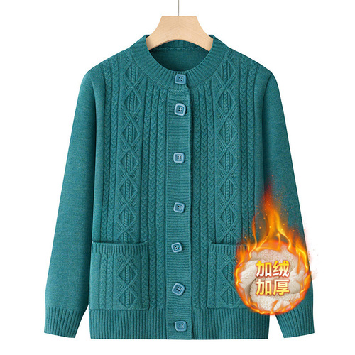Mum fashionable autumn loose knit cardigan with outerwear for middle-aged long-sleeved coat top, red sweater for elderly