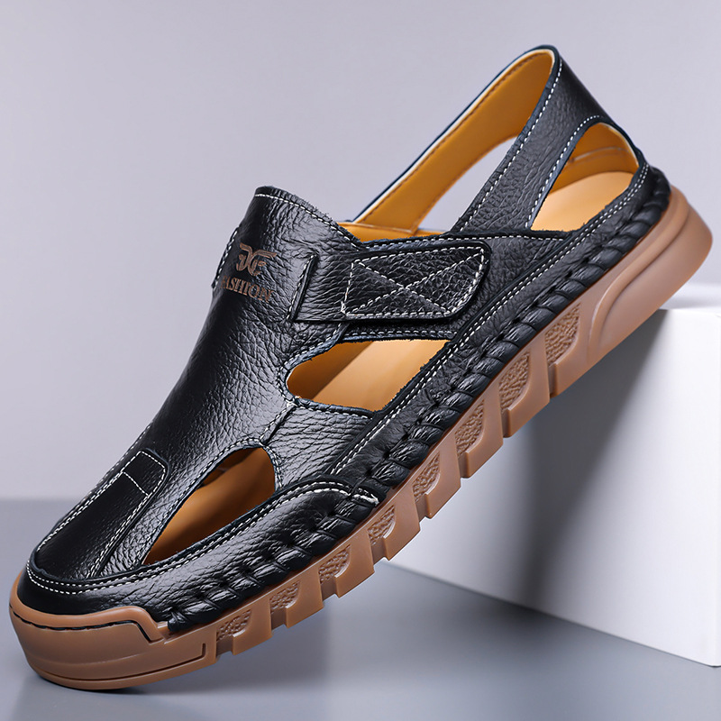 Zapatos de verano para hombres con suela suave transpirables zapatos casuales con un pie de calzado, sandalias de cuero vacías cosidas a mano
