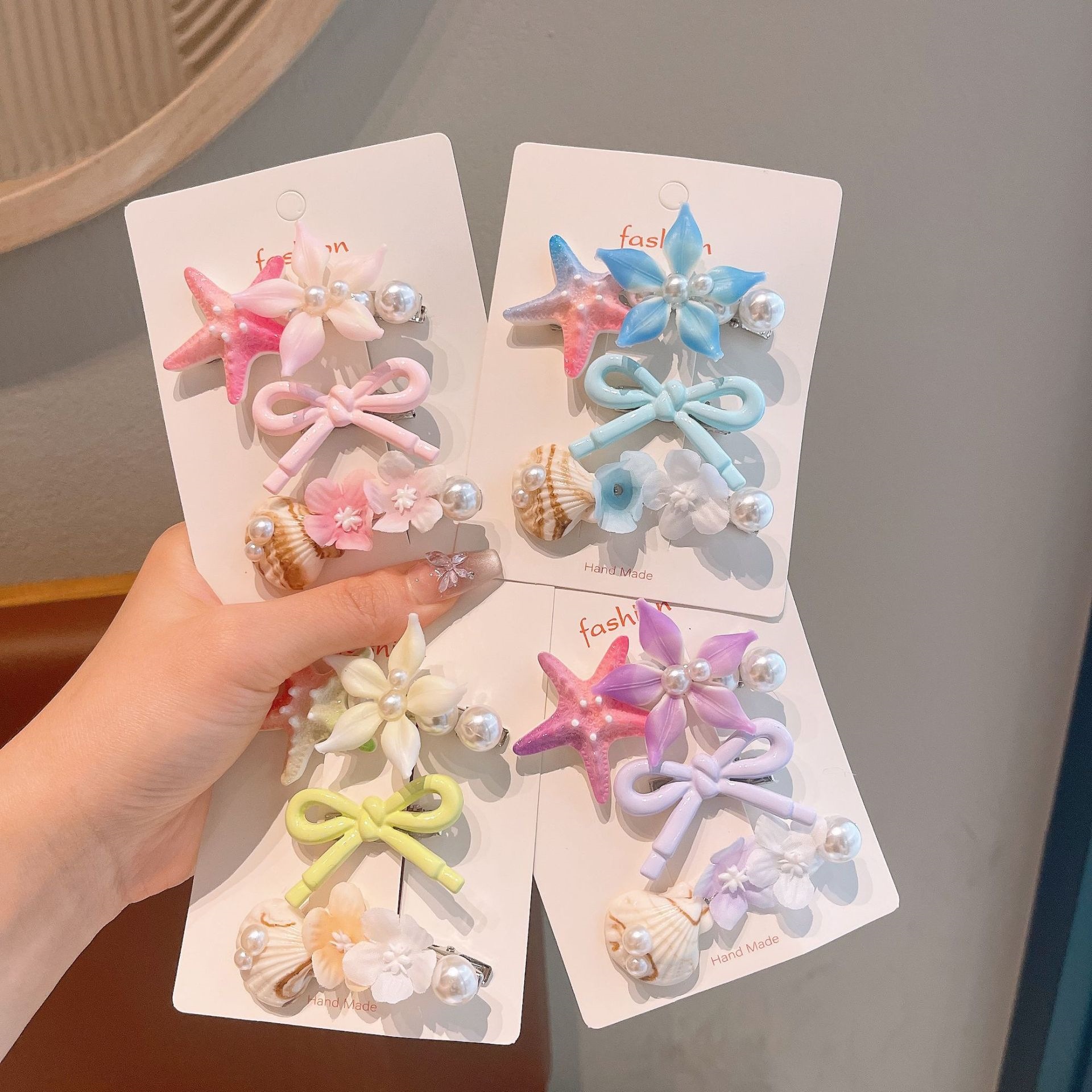 Nuevo adorable adornamiento para el cabello de niños estrella de mar conchas de perlas clips para el cabello de mujeres gradiente estereoscópico flores pequeñas toque de cabeza para niños