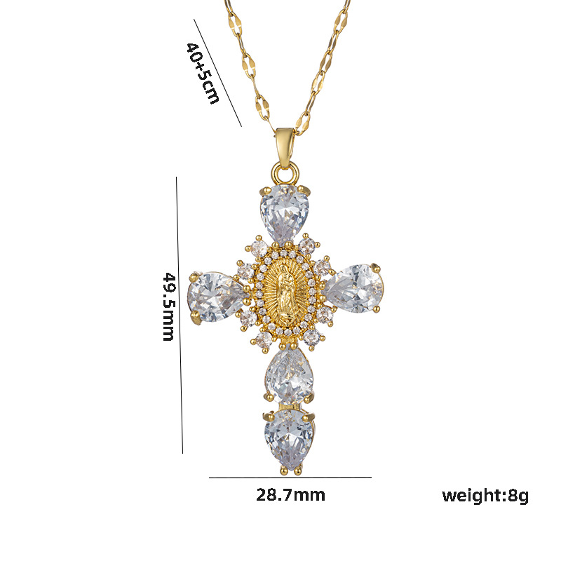 Zircon Inlay Material Pendant Necklace Classification PVD Coated Real Gold Plated Cross Stainless Steel Elegant Waterproof Non Tarnish Pendant Necklace
