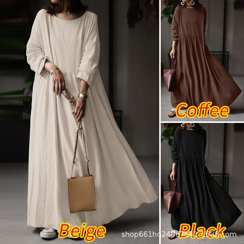 In stock 2021 Amazon AliExpress loose long dress cotton solid color elegant commuter white pullover dress