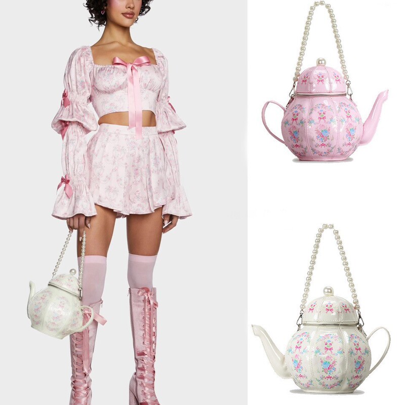 Printed Teapot Handbag, Creative Shoulder Crossbody Bag, Personalized Handbag, Sweet Girl Retro Lolita Pearl Chain Printed Teapot Handbag, Creative Shoulder Crossbody Bag, Personalized Handbag, Sweet Girl Retro Lolita Pearl Chain