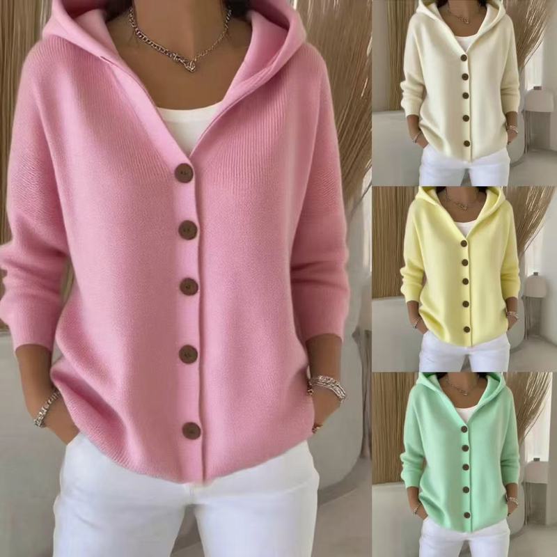 2025 European and American Button Knitted Hooded Sweater Cardigan Jacket Autumn and Winter New Cross-Border Pure Color Casual Fashion Women's Clothing 2025 European and American Button Knitted Hooded Sweater Cardigan Jacket Autumn and Winter New Cross-Border Pure Color Casual Fashion Women's Clothing