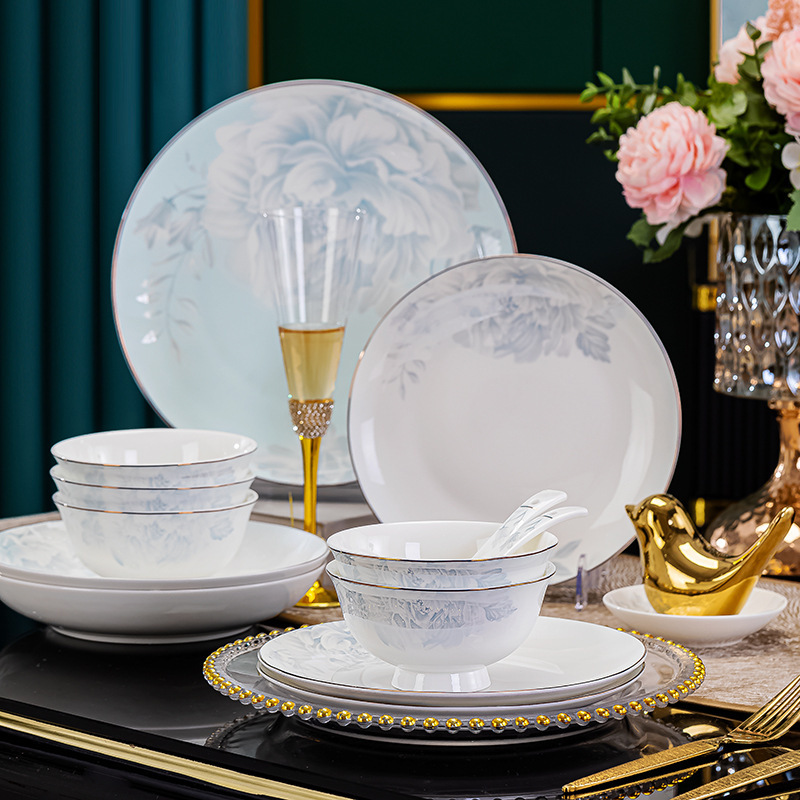 High-looking household porcelain Qingfa bone china rice bowl Jingdezhen High-end light luxury porcelain bowl suit tableware combination High-looking household porcelain Qingfa bone china rice bowl Jingdezhen High-end light luxury porcelain bowl suit tableware combination