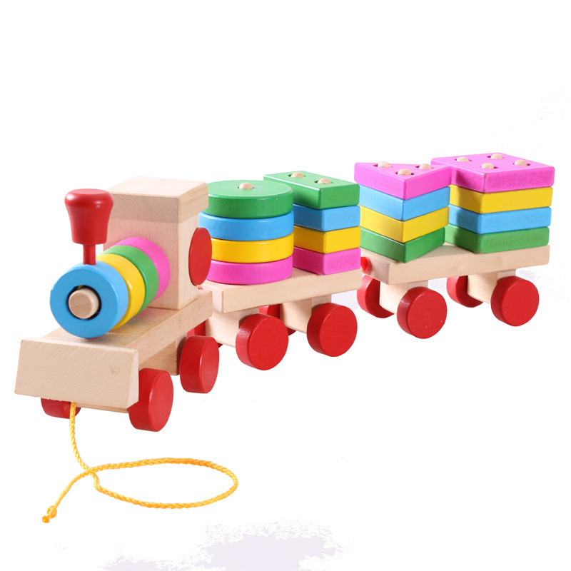 Tren de oruga de madera Tractor de remolque de madera Forma geométrica de madera Trailer de columna Juguetes educativos de iluminación para niños