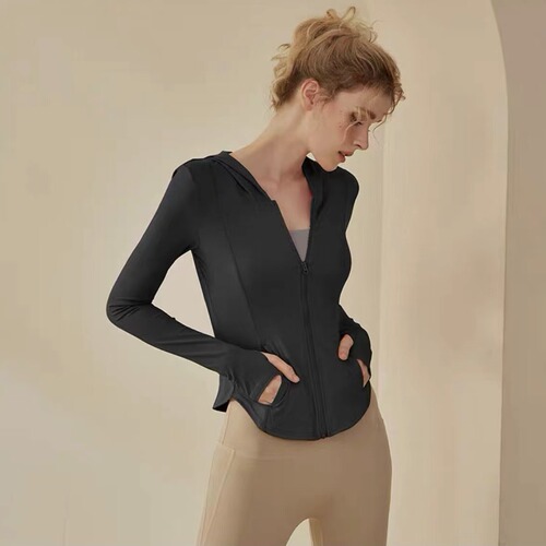 New Lycra solid color yoga wear professional outdoor sports leisure fitness hooded jacket for women morning running breathable summer