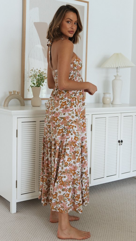 halter neck open back printed large swing long dress NSJKW119841