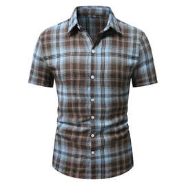 2025外贸跨境新款 男士时尚休闲格子磨毛短袖衬衫