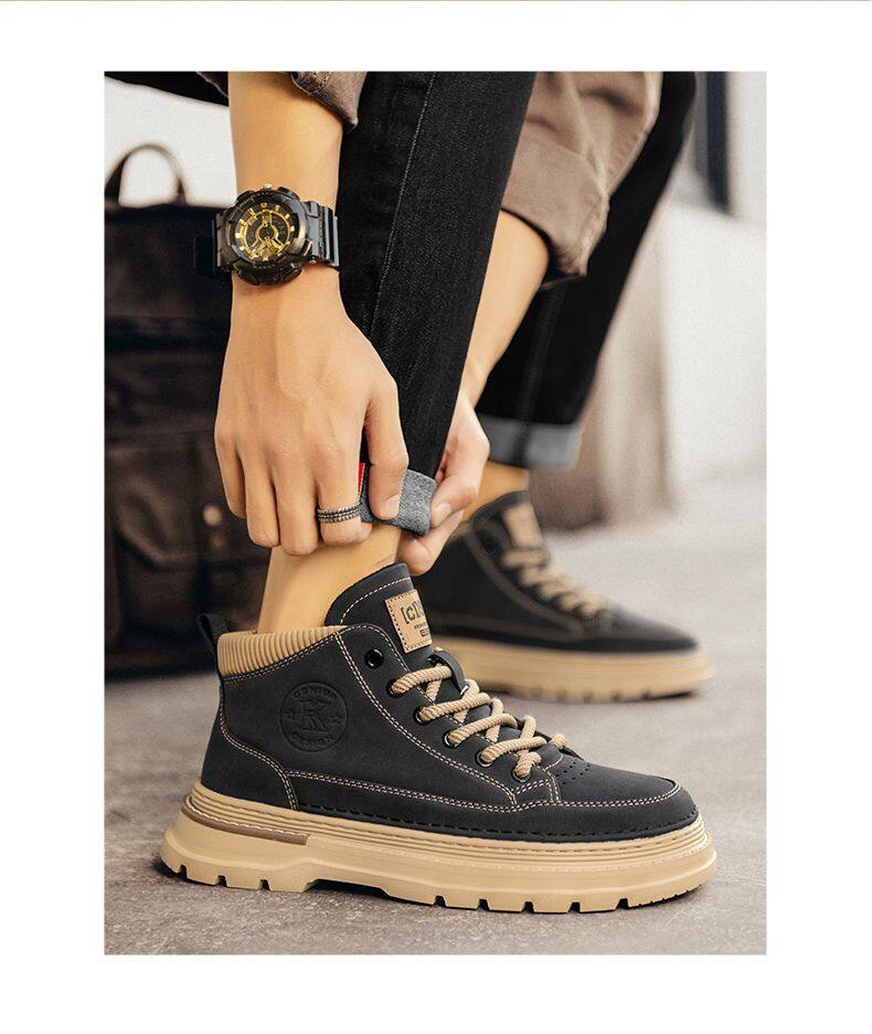 Giày bốt Martin nam cổ trung phong cách Anh cổ điển, giày da buộc dây đế thấp — K8211 kaki, K8211 màu đen chi tiết 16