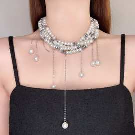 重工流苏项链珍珠毛衣链小众高级感锁骨链时尚颈链轻奢碎银配饰