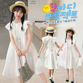 女童蕾丝飞袖白色连衣裙中大童