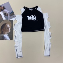 金靓 官图 6535拉架棉 早秋新款设计感小心机镂空长袖T恤女几何