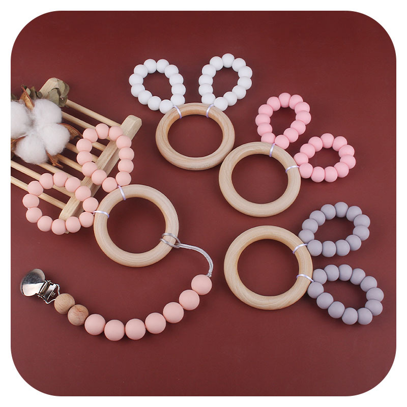 DIY bebé creativo Hemu anillo teether pulsera juguete teether cuentas de silicona Orejas de conejo teether palo