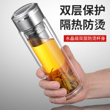 水晶盖双层玻璃杯高硼硅商务水杯开业店庆房产创意礼品广告印logo