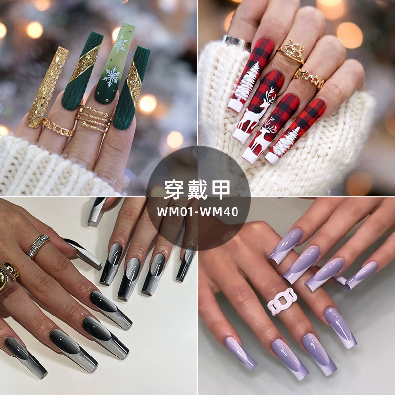 Wm01-Wm40 Long t Fake Nail Pieces Festival Cross-Border Christmas Halloween French Gradient Wearable Nail Pieces Wholesale