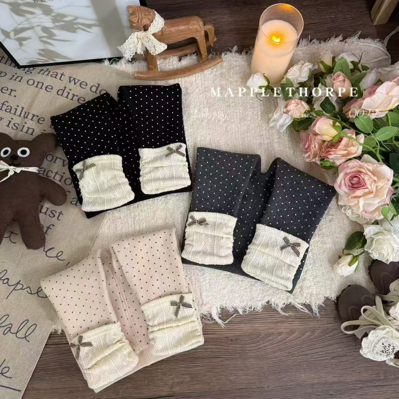 女童加绒打底裤儿童冬款甜美堆堆袜宝宝长裤外穿保暖裤子波点蝴蝶