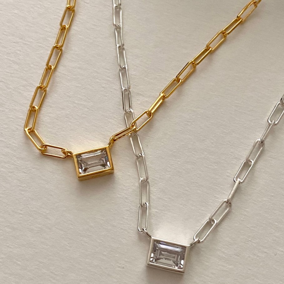Rectangle Pattern 925 Sterling Silver Zircon Paperclip Chain Inlay Rectangle Necklace