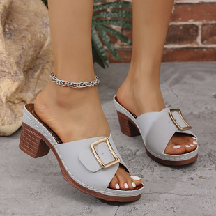 Foreign Trade Large Size Medium Heel Metal Buckle Fish Mouth One-Strap Slippers 2025 Summer Open-Toe Outer Wear Rocking Shoes