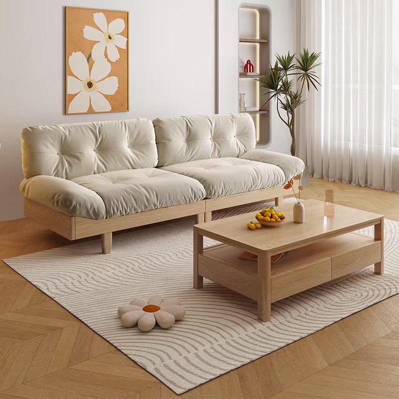 Sofá nubes de madera maciza japonesa sala de estar moderna simple madera de cera blanca color tronco pequeño tela doble triple