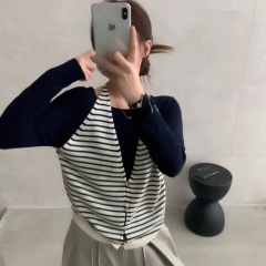 韩版拼接条纹挂脖背心马甲假两件针织衫女2025秋季设计感洋气小衫