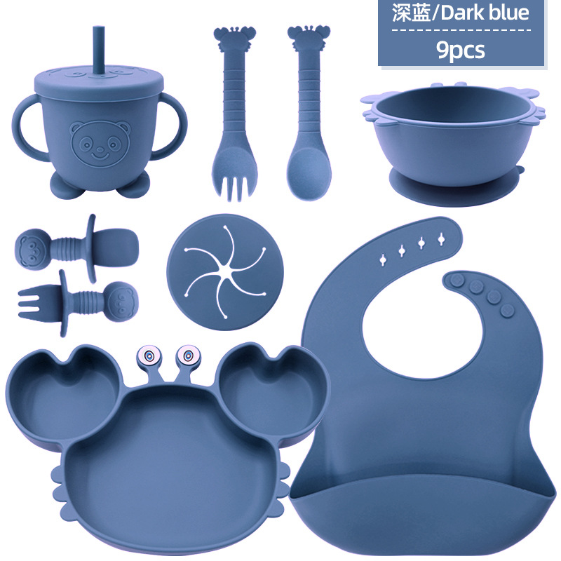 cubiertos de silicona para niños, platos de alimentación para bebés, cucharas de cangrejo, cuchillas de tenedor, bacon de nueve piezas, cubiertos de dibujos animados para bebés