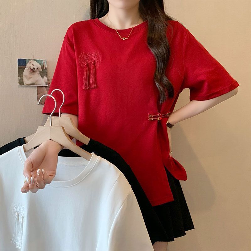 Nueva camiseta de manga corta con botones de borla de estilo nacional chino para mujer 2024 verano nuevo estilo suelto y delgado top de talla grande para mujer ins