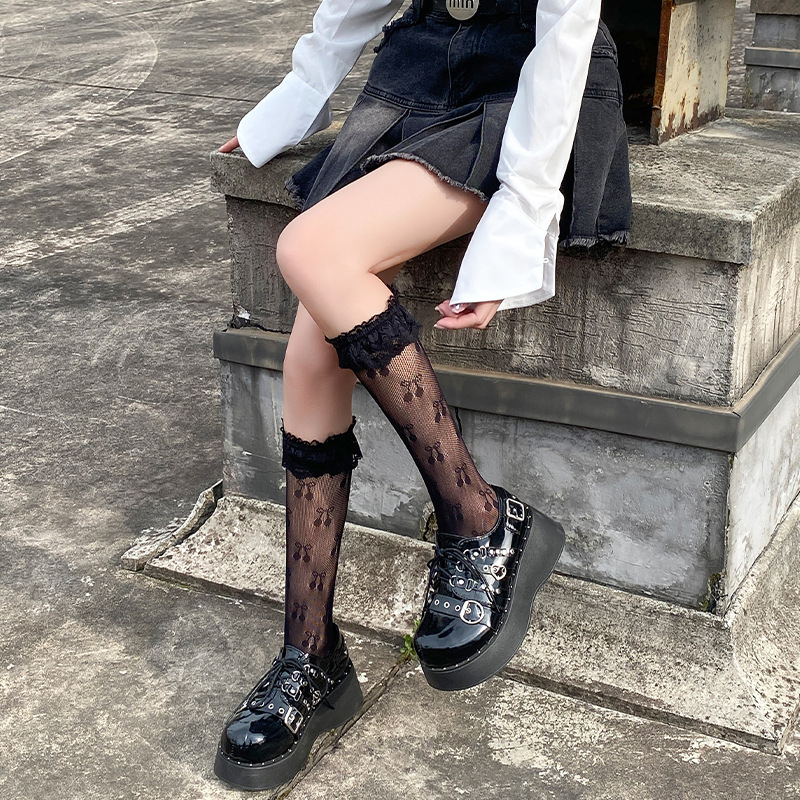 Shoes, Cotton Lolita Japanese-Style Lace Trim Slouch Socks, Spring and Summer Thin Japanese Jacquard Mesh Calf Socks