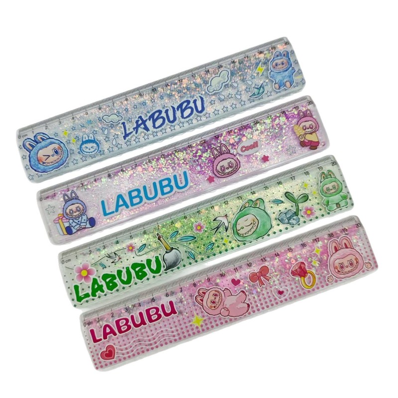 外贸拉布布卡通流沙尺金粉入油尺跨境LABUBU学生解压闪粉直尺套装|undefined