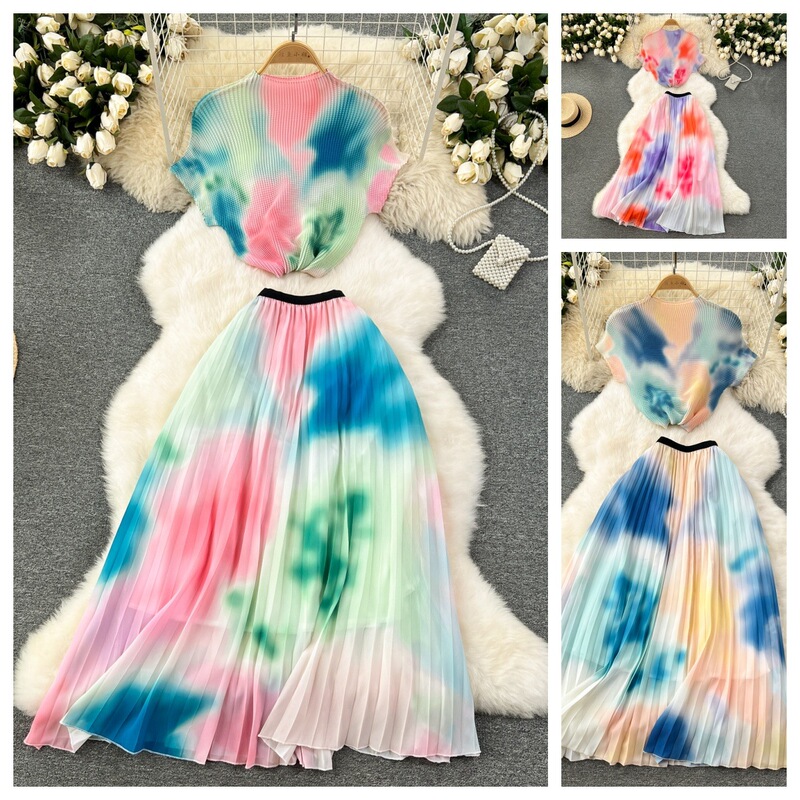 [Clearance] suit women's fashion printed short sleeve mid-length pleated skirt slim two-piece pleated long skirt