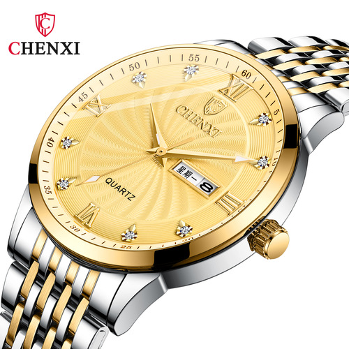 Business double calendar watch couple steel band watch manufacturer wholesale CHENXI men's and women's quartz watch with diamond