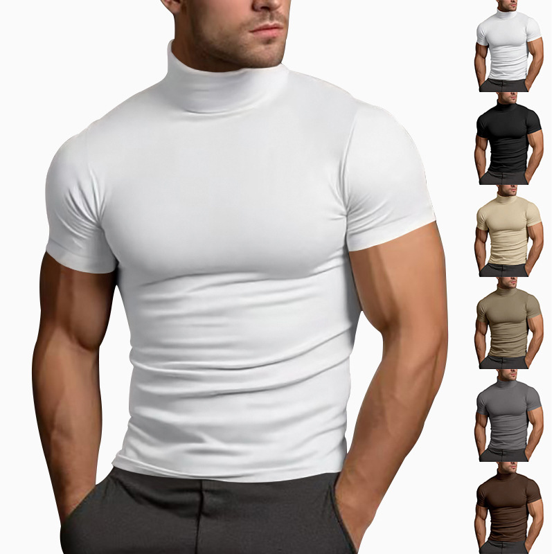Cross-border Amazon men's spot 2024 summer solid color short sleeve fashion bottoming shirt men's tight high collar T-shirt