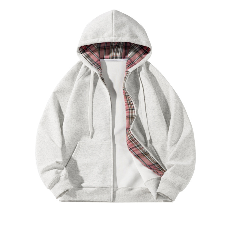 420 g schwerer, geblümter grauer Partner-Hoodie für Damen und Herren, Oversize-Patchwork-Karojacke für den frühen Herbst_voghion.com