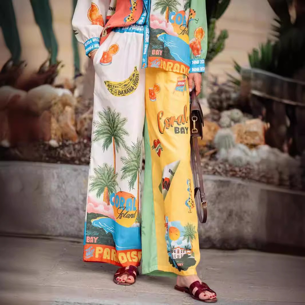 Printing Design Hawaiian, Vacation Style Holiday Beach Women's Hawaiian Vacation Color Block Coconut Tree Linen Polyester Printing Pant Co-ord Set Pants Sets