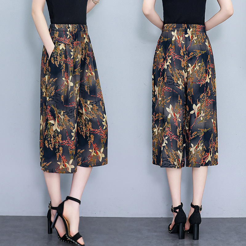 Middle-Aged and Elderly Women's Cotton Silk Wide-Leg Pants Summer Mom's Skirt Pants Thin Elastic High-Waisted Loose Cropped Pants Skirt