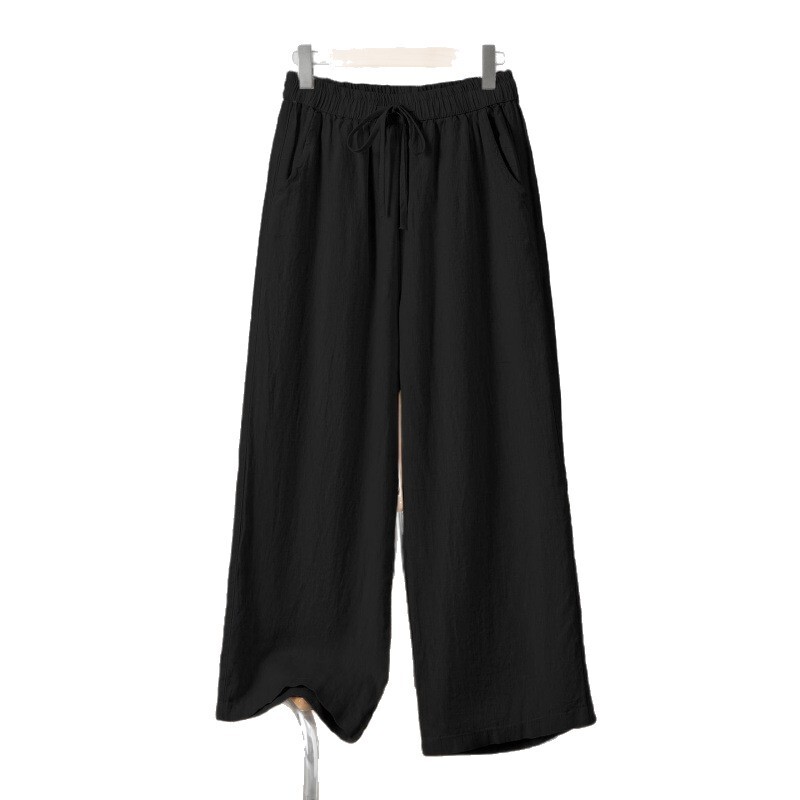 女性用コットンとリネンのワイドレッグパンツ、秋のハイウエストドレープリネン9点パンツ、大きいサイズの太極拳パンツ、巾着ストレートカジュアルパンツ|undefined