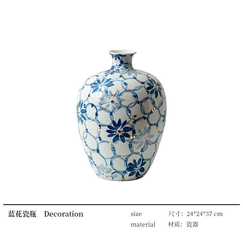 職人十三の高級手描き金青と白のセラミック大きな花瓶装飾装飾品リビングルームの新しい中国風の玄関装飾品|undefined
