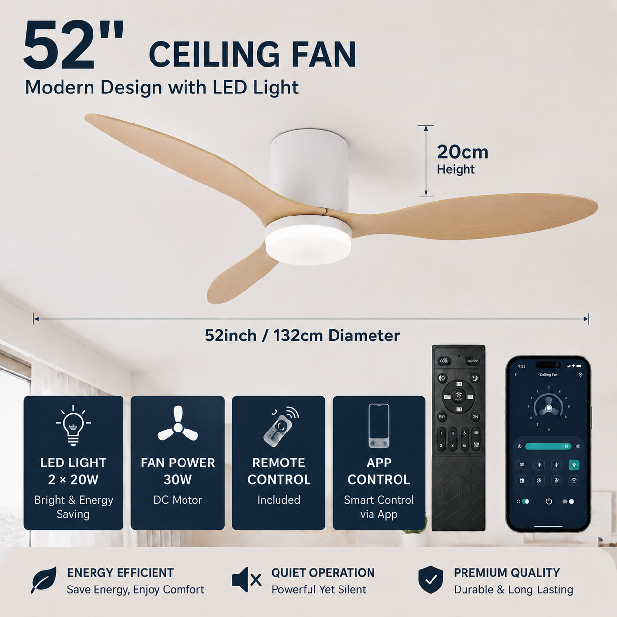 Lámpara Ventilador de Techo Inverter de Plástico ABS Silencioso con Control Remoto para Sala de Estar y Dormitorio