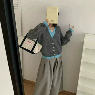 韩系v领假两件毛衣外套女2026秋冬软糯慵懒宽松拼色针织开衫女装