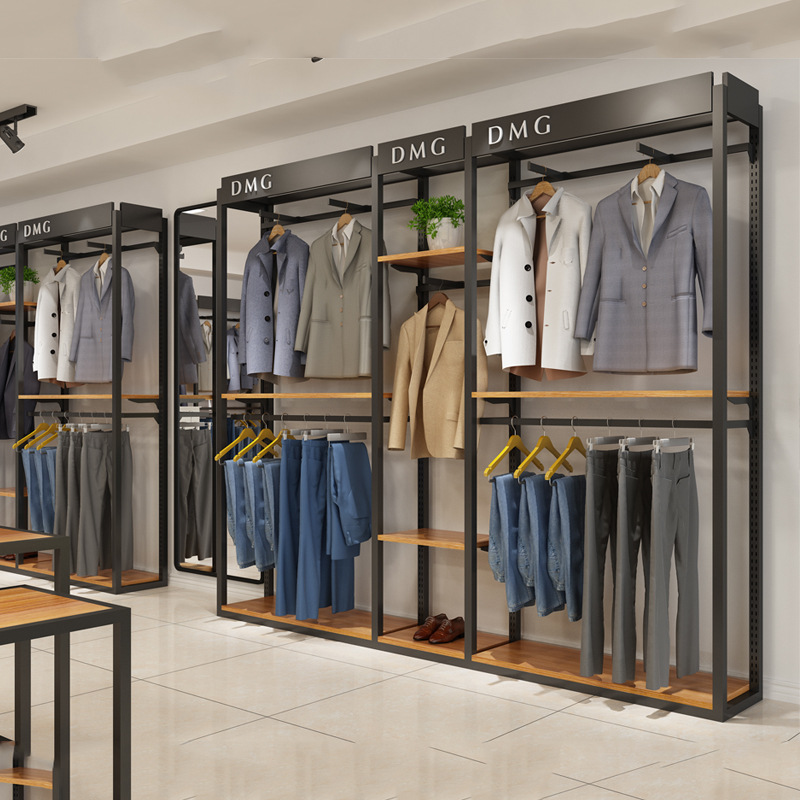 Tienda de ropa de gama alta estante de exhibición estante de los hombres piso centro comercial gabinete de marca al por mayor combinación de ropa de negocios estante de exhibición